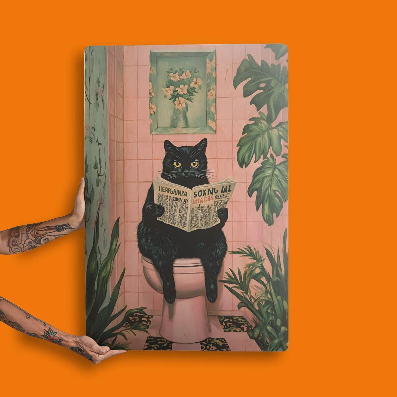 Quadro Decorativo  - Gato Preto no banheiro