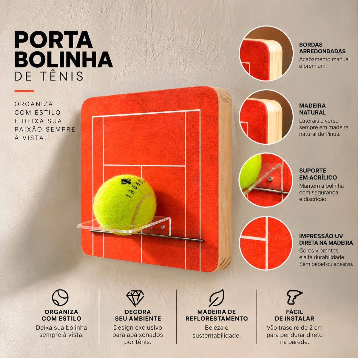 Quadro Porta Bolinha de Tênis - 20x20cm