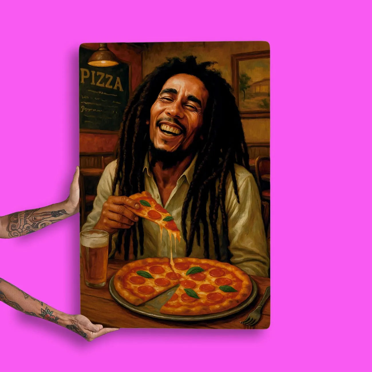 Quadro Decorativo Bares/Pub - Bob Marley comendo pizza