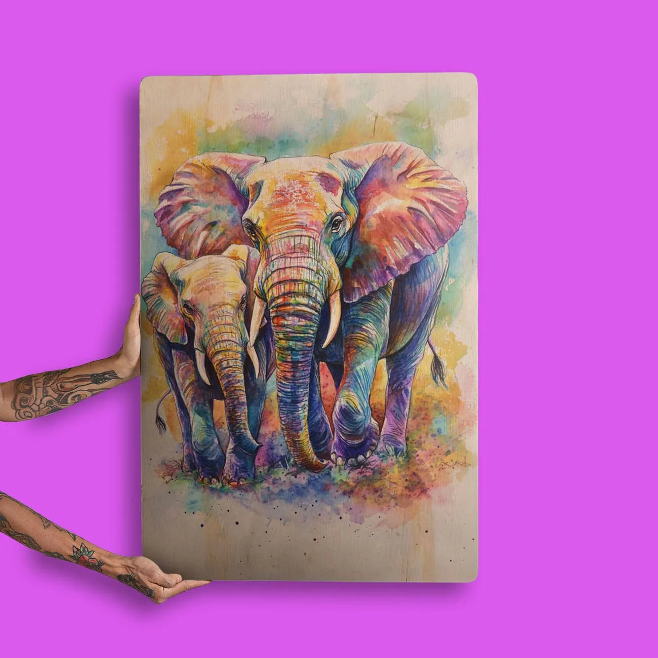 Quadro Decorativo -  Fauna Aquarela Elefantes